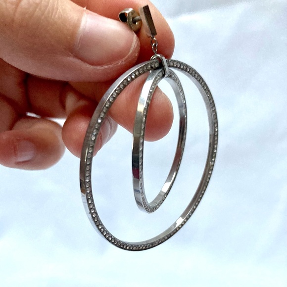 DKNY silver tone crystal glitz cascading hoop earrings - Picture 5 of 9